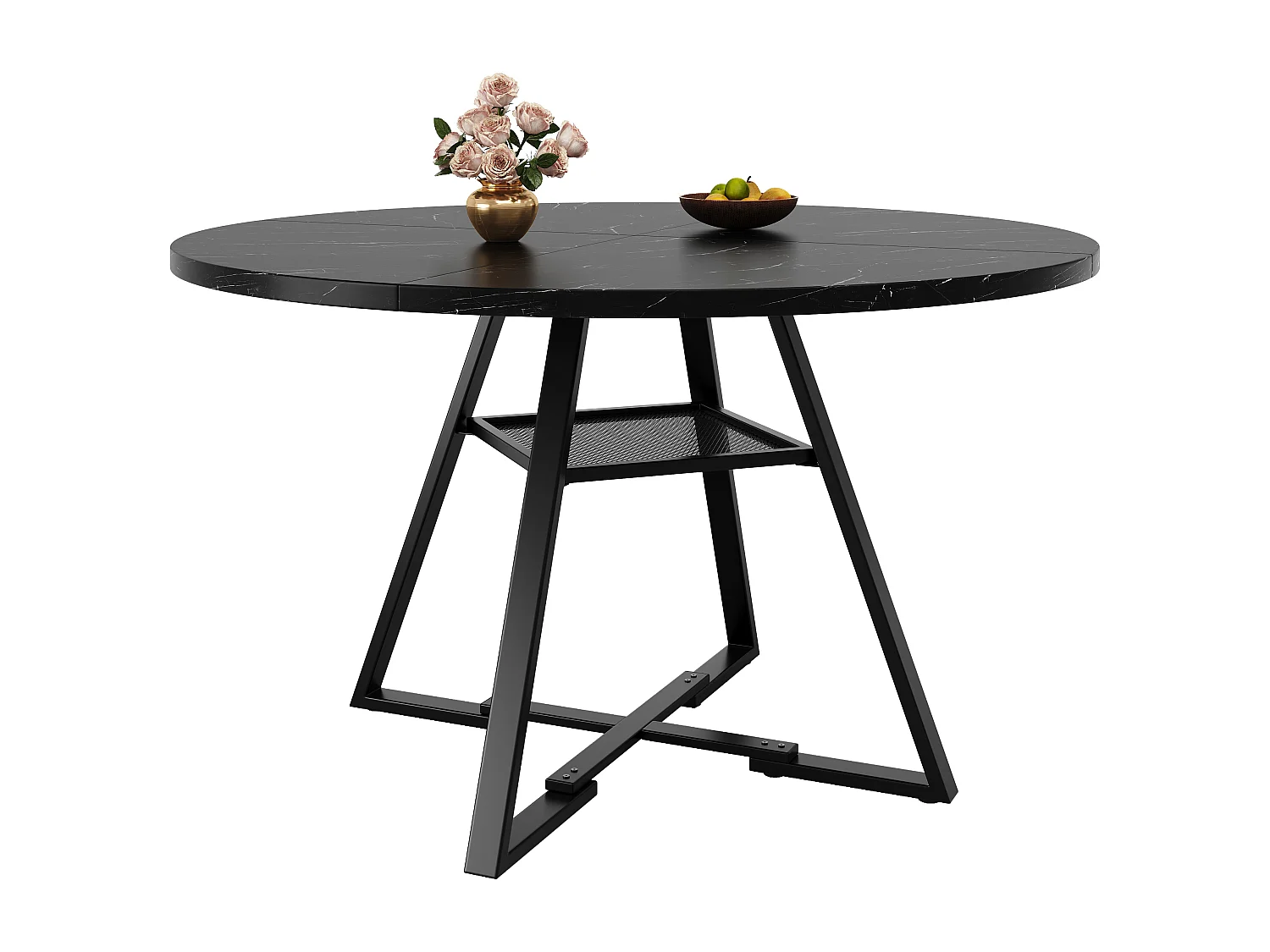 Table à manger ronde avec pieds en métal - Plateau motif marbre - Noir