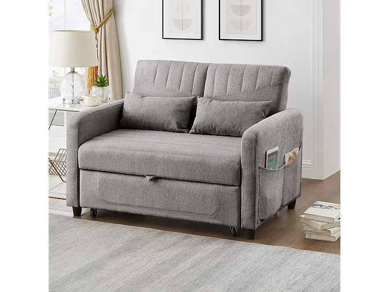 Canapé convertible 2 places gris - Dossier réglable en 3 positions - Canapé-lit en tissu coton-lin