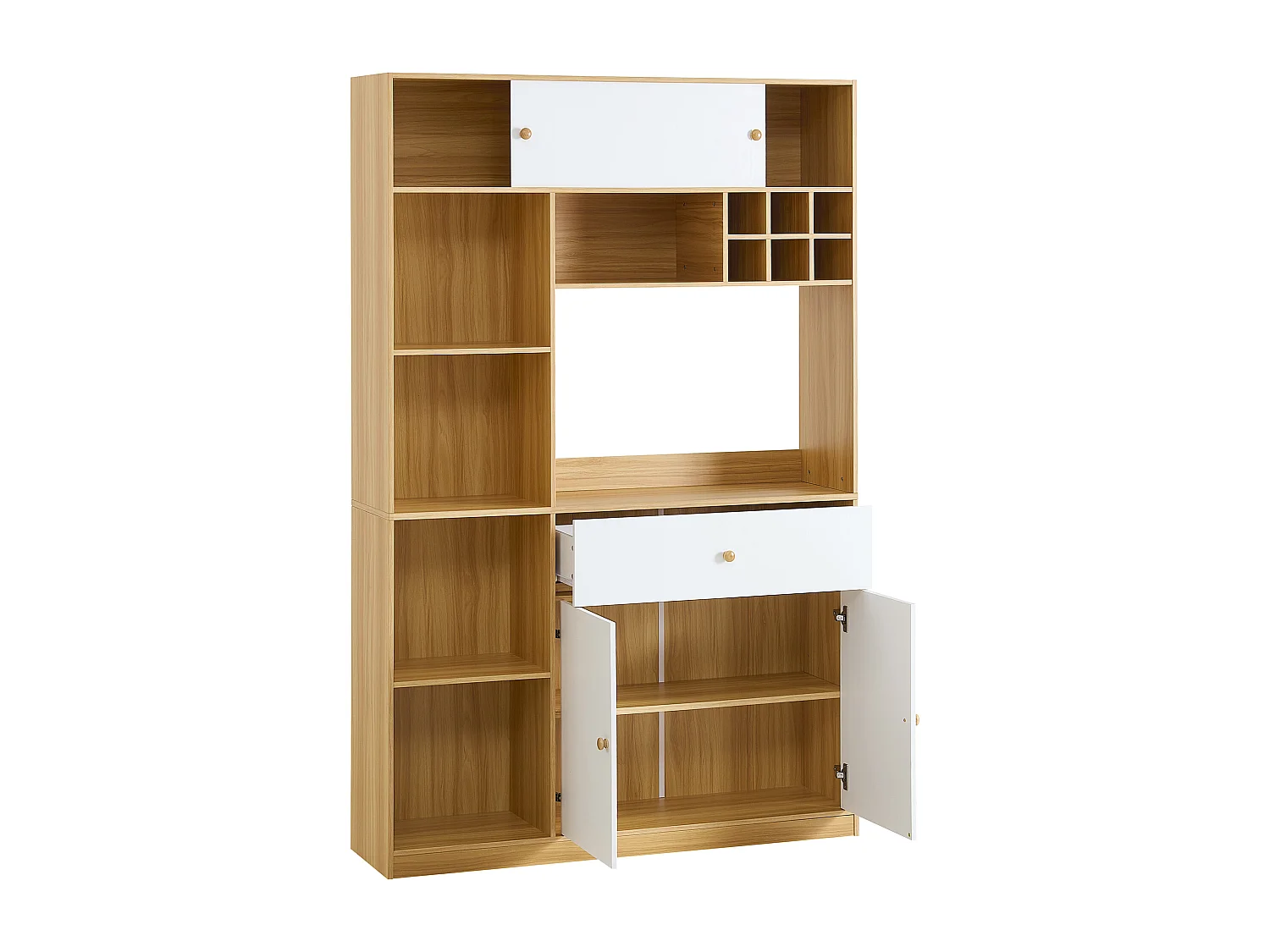 Buffet de cuisine avec LED, tiroir et portes - Grande rangement - Couleur blanc et bois