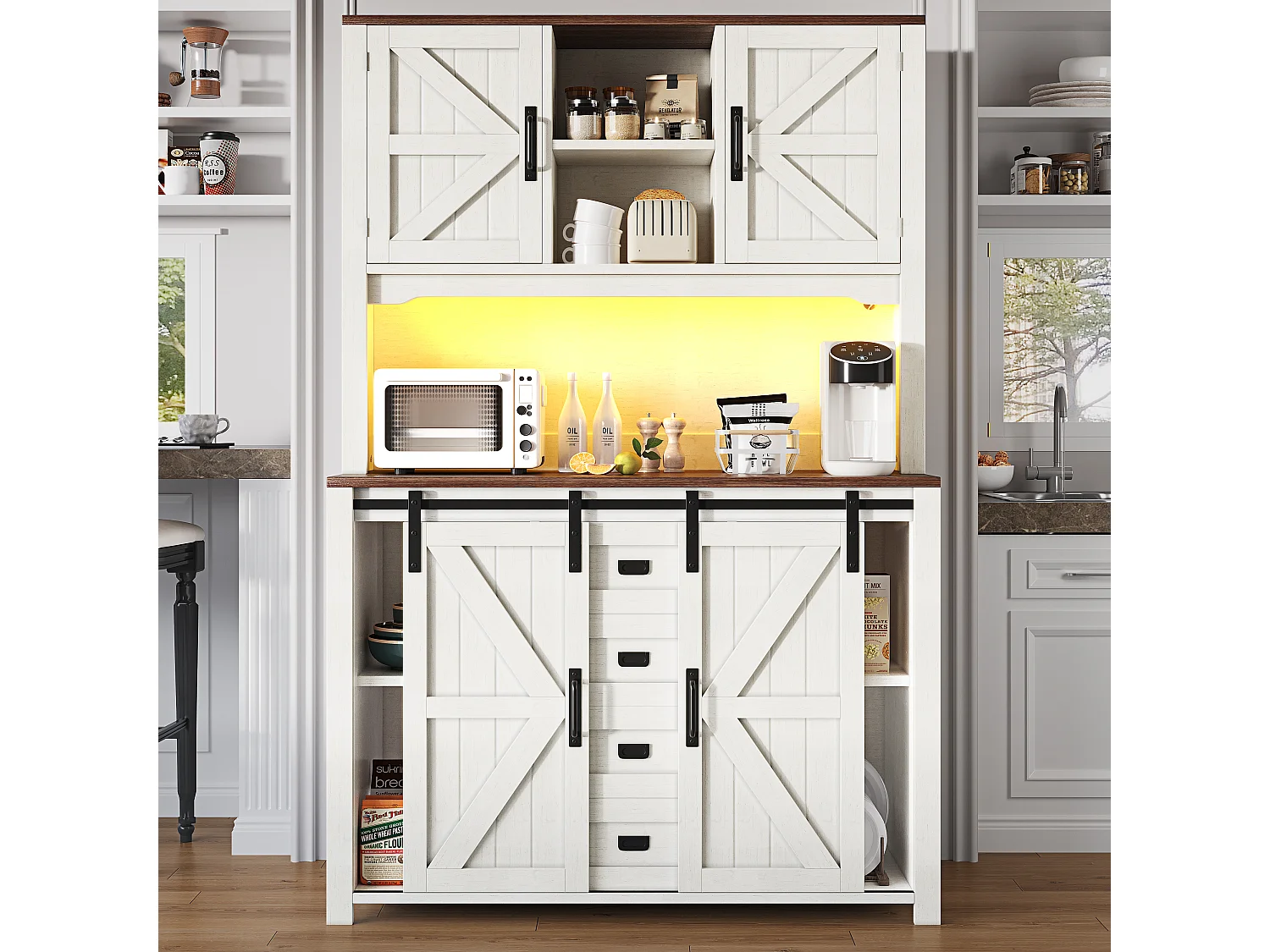 Buffet de cuisine haut avec portes coulissantes ,2 tiroirs et LED - Plateau en bois foncé - Blanc