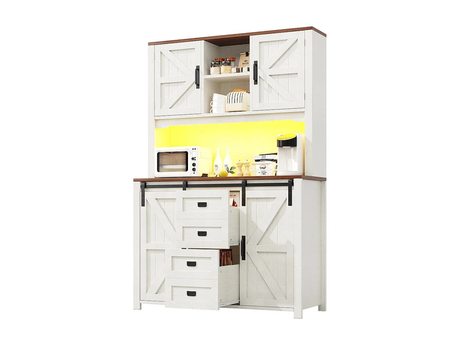 Buffet de cuisine haut avec portes coulissantes ,2 tiroirs et LED - Plateau en bois foncé - Blanc