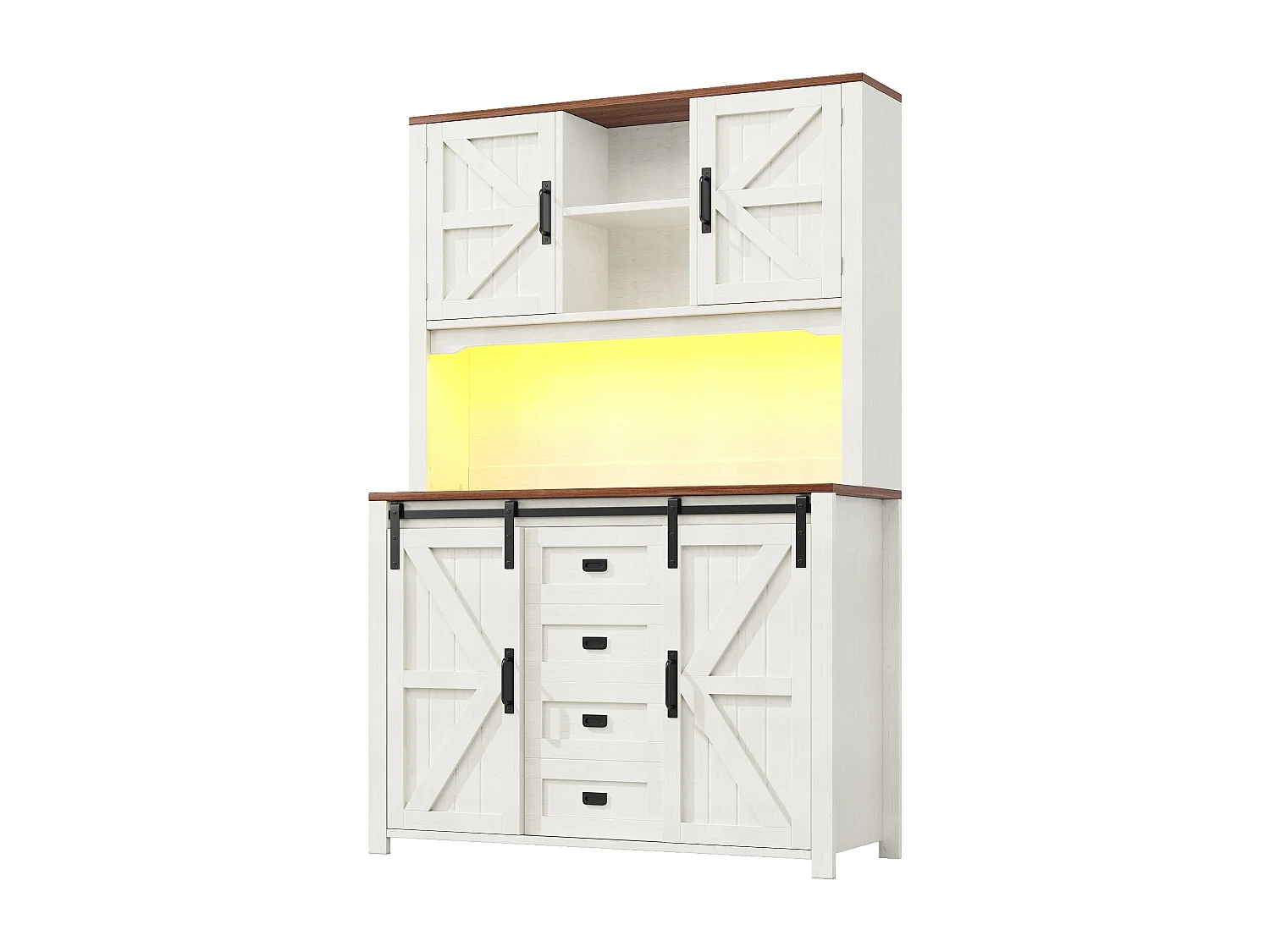 Buffet de cuisine haut avec portes coulissantes ,2 tiroirs et LED - Plateau en bois foncé - Blanc