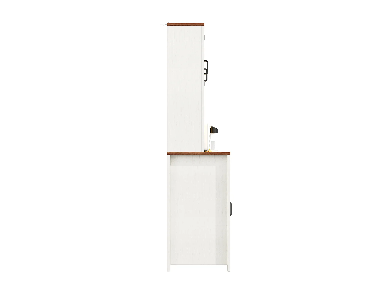Buffet de cuisine haut avec portes coulissantes ,2 tiroirs et LED - Plateau en bois foncé - Blanc