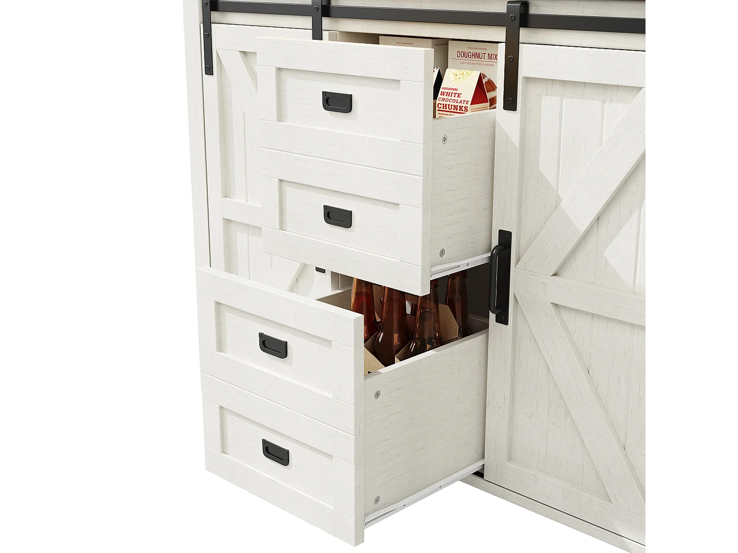 Buffet de cuisine haut avec portes coulissantes ,2 tiroirs et LED - Plateau en bois foncé - Blanc