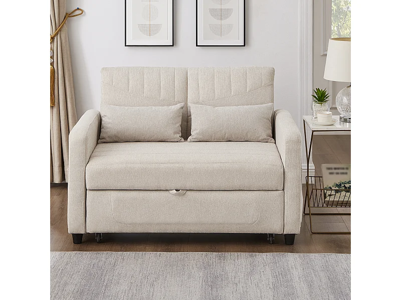 Canapé convertible 2 places beige - Dossier réglable en 3 positions - Canapé-lit en tissu coton-lin