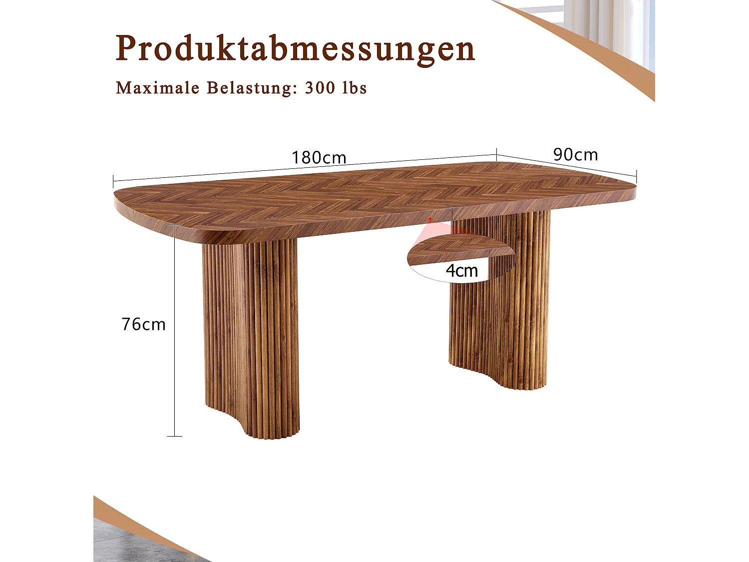 Table à manger 180x90cm pour 4 à 6 personnes en couleur bois - Plateau texturé foncé