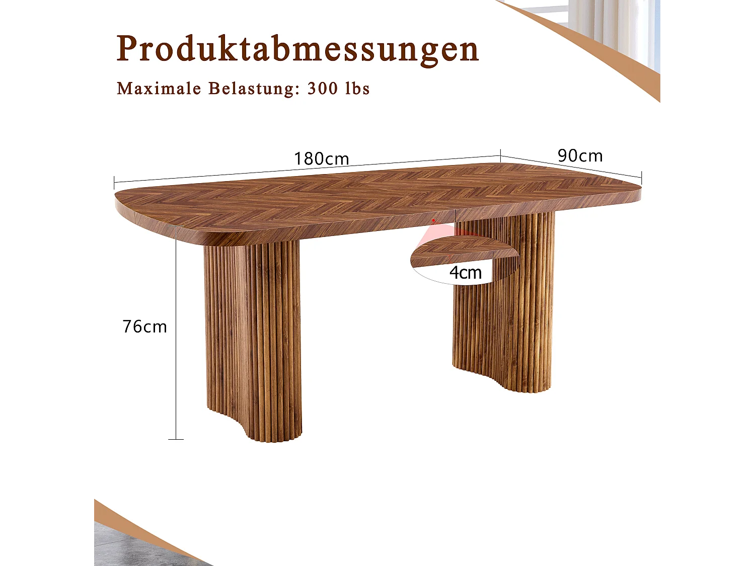 Table à manger 180x90cm pour 4 à 6 personnes en couleur bois - Plateau texturé foncé