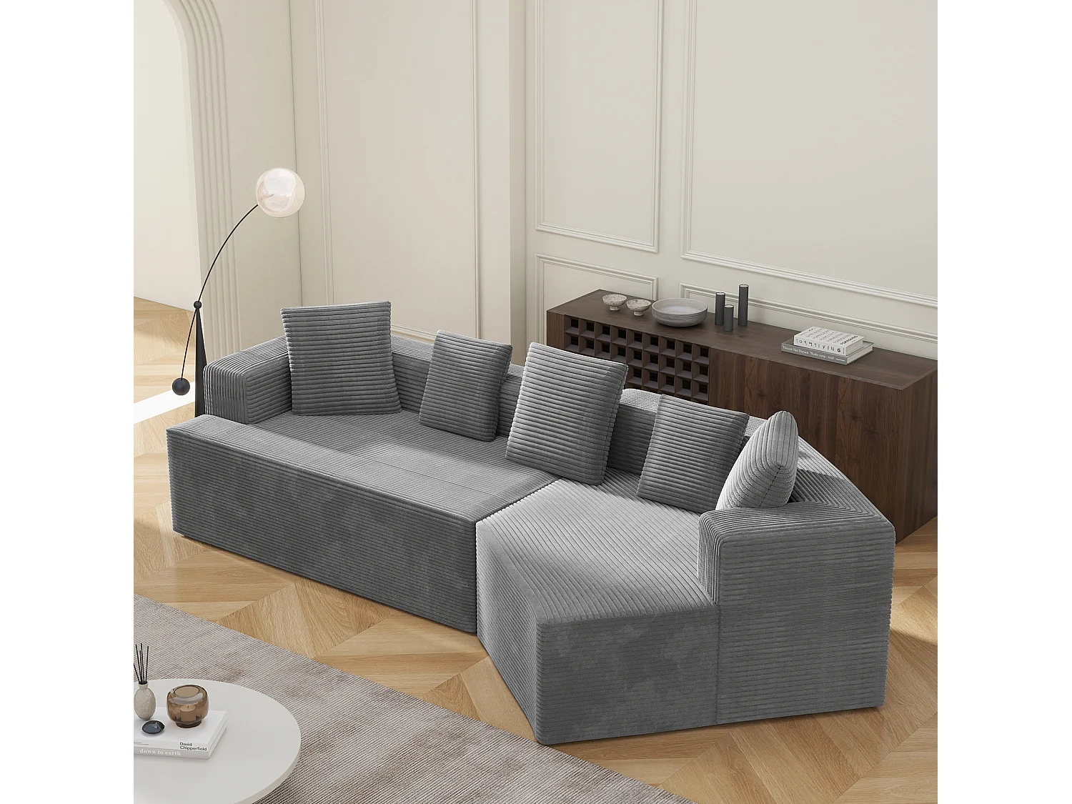 Canapé 3 places modulaire en velours côtelé - Sans montage - Gris