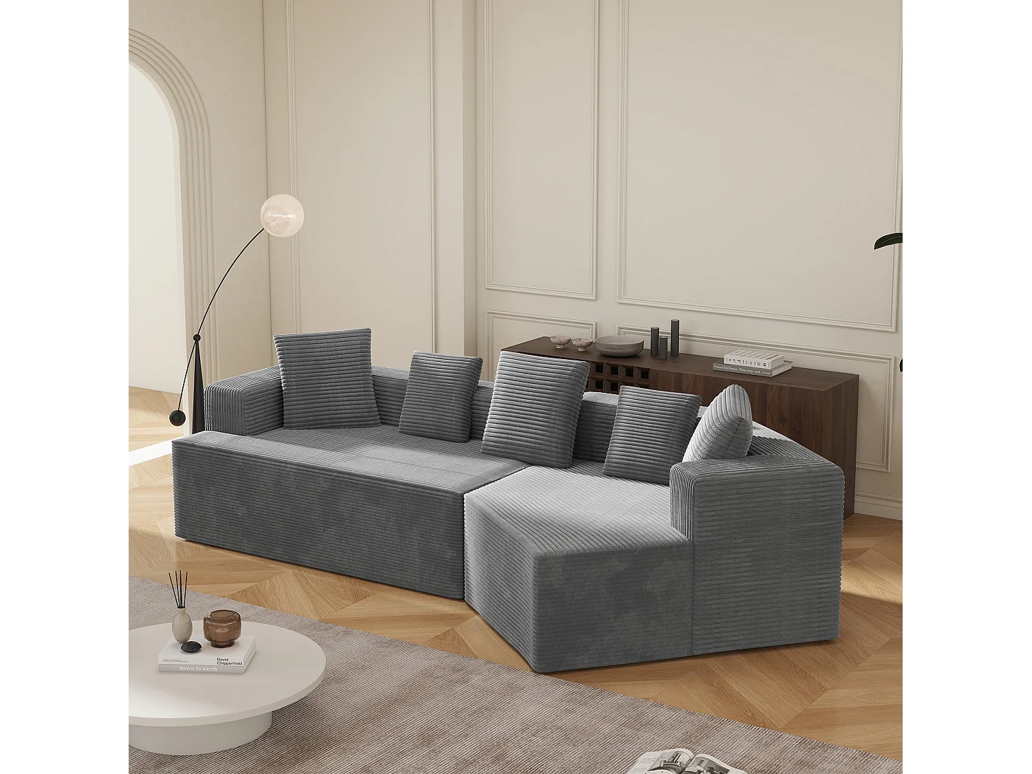 Canapé 3 places modulaire en velours côtelé - Sans montage - Gris