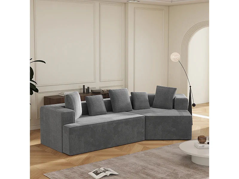 Canapé 3 places modulaire en velours côtelé - Sans montage - Gris