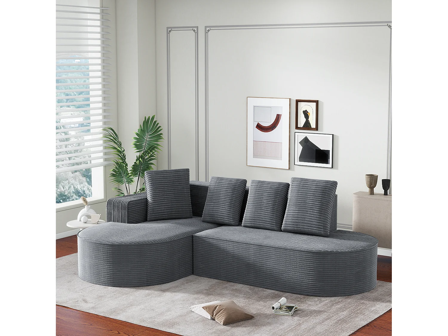 canapé d'angle 3 places avec 4 coussins- Méridiennes en L - Velours côtelé gris - Sans montage