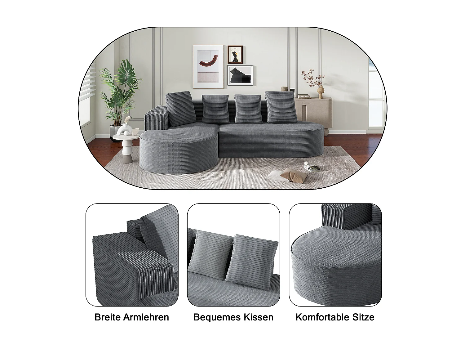 canapé d'angle 3 places avec 4 coussins- Méridiennes en L - Velours côtelé gris - Sans montage