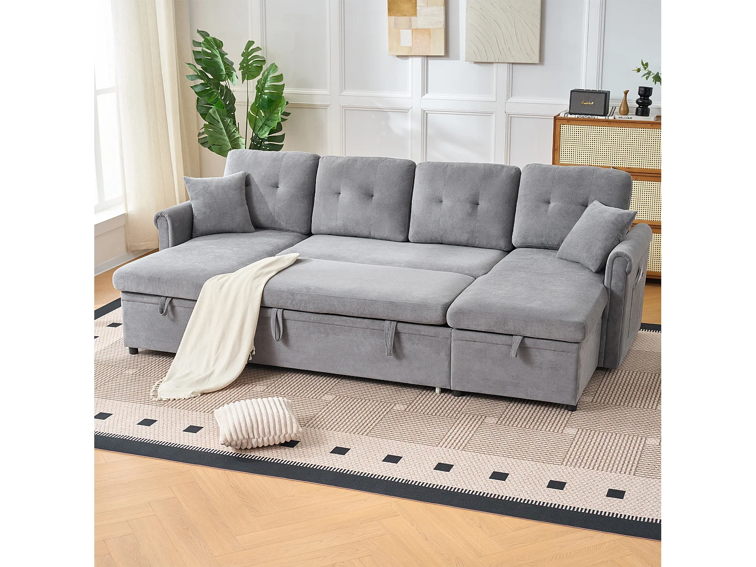 Canapé 3 places d'angle en forme de U avec rangement - Canapé-lit en tissu chenille - Gris