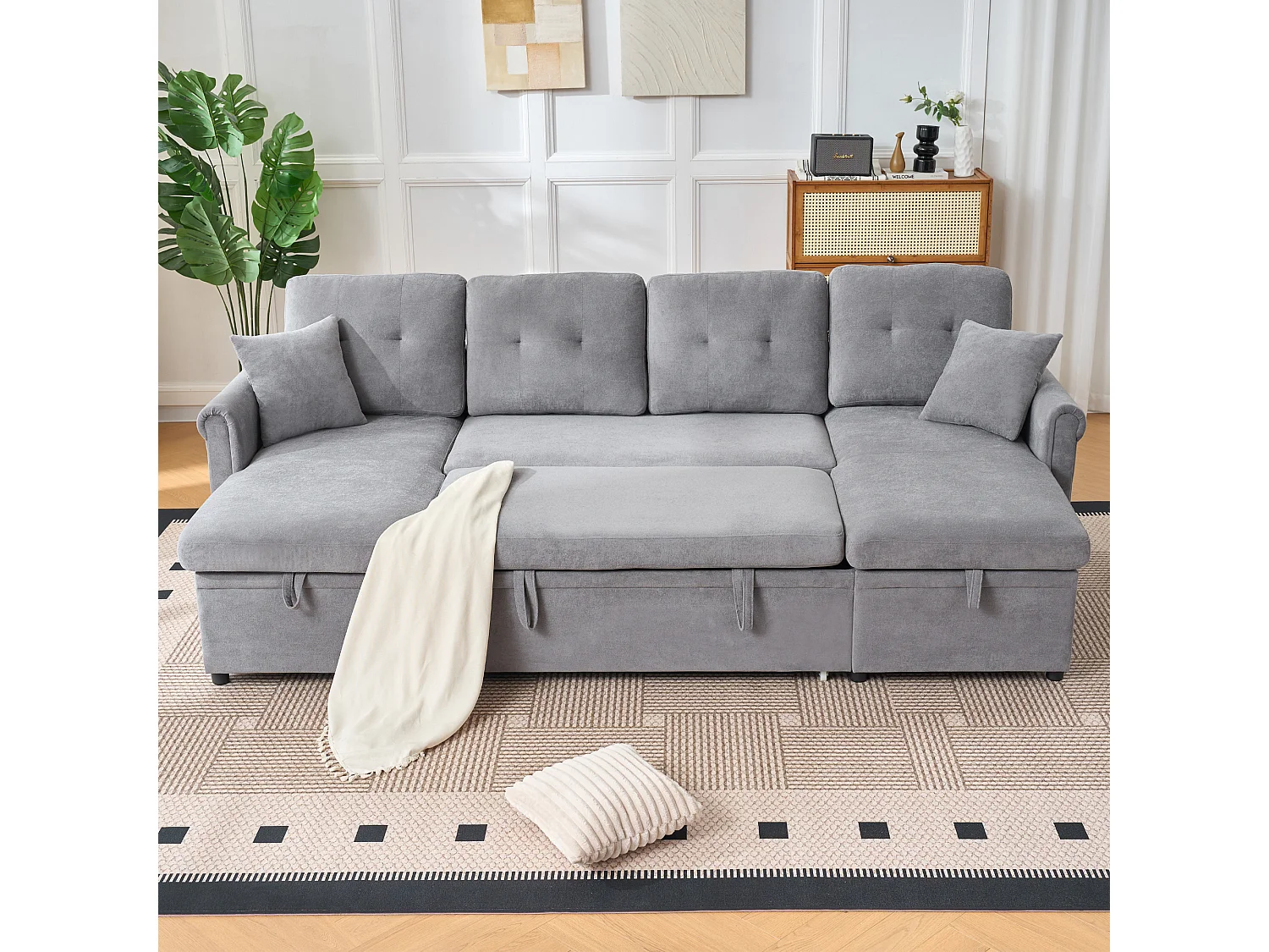 Canapé 3 places d'angle en forme de U avec rangement - Canapé-lit en tissu chenille - Gris