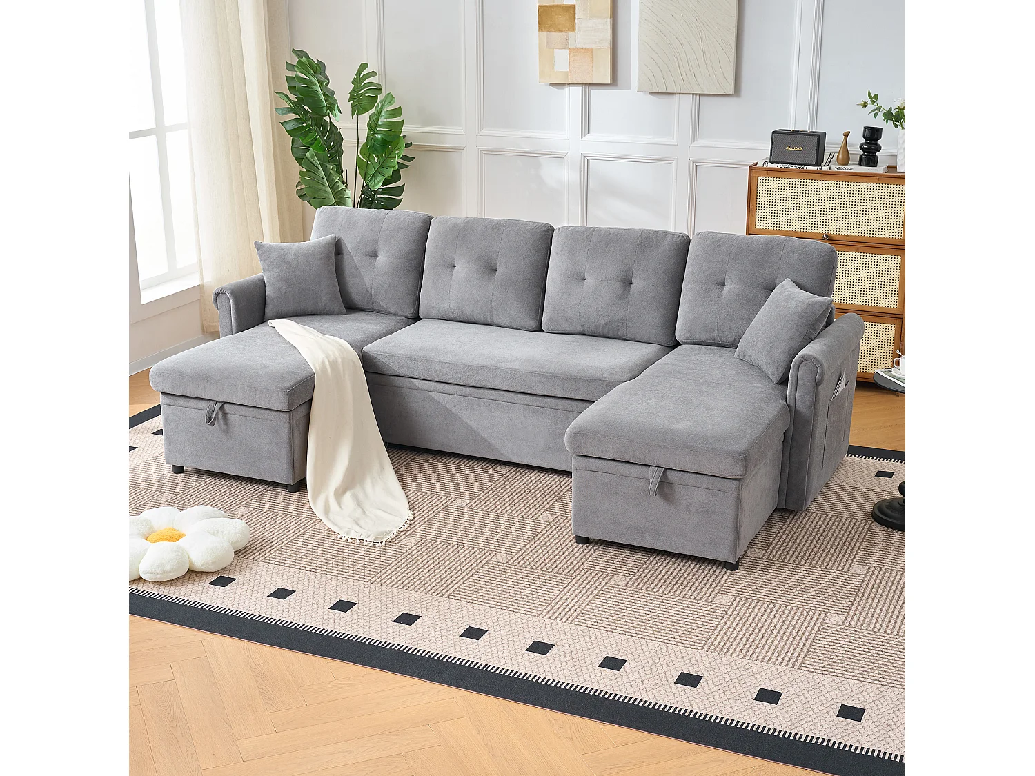 Canapé 3 places d'angle en forme de U avec rangement - Canapé-lit en tissu chenille - Gris