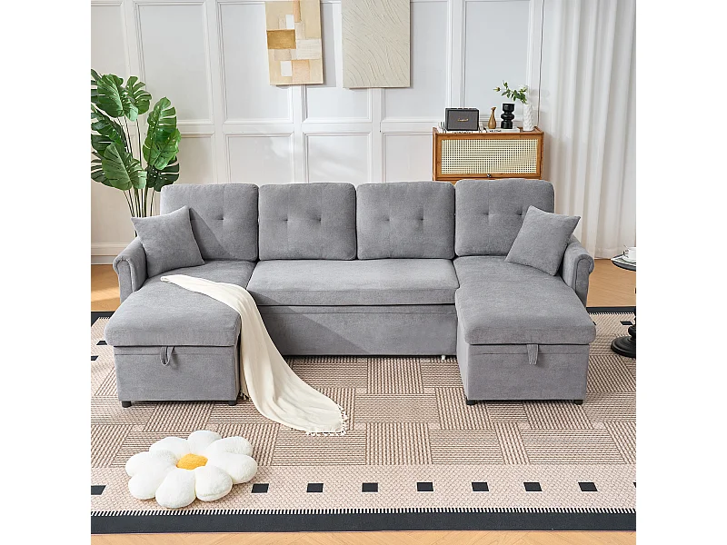 Canapé 3 places d'angle en forme de U avec rangement - Canapé-lit en tissu chenille - Gris