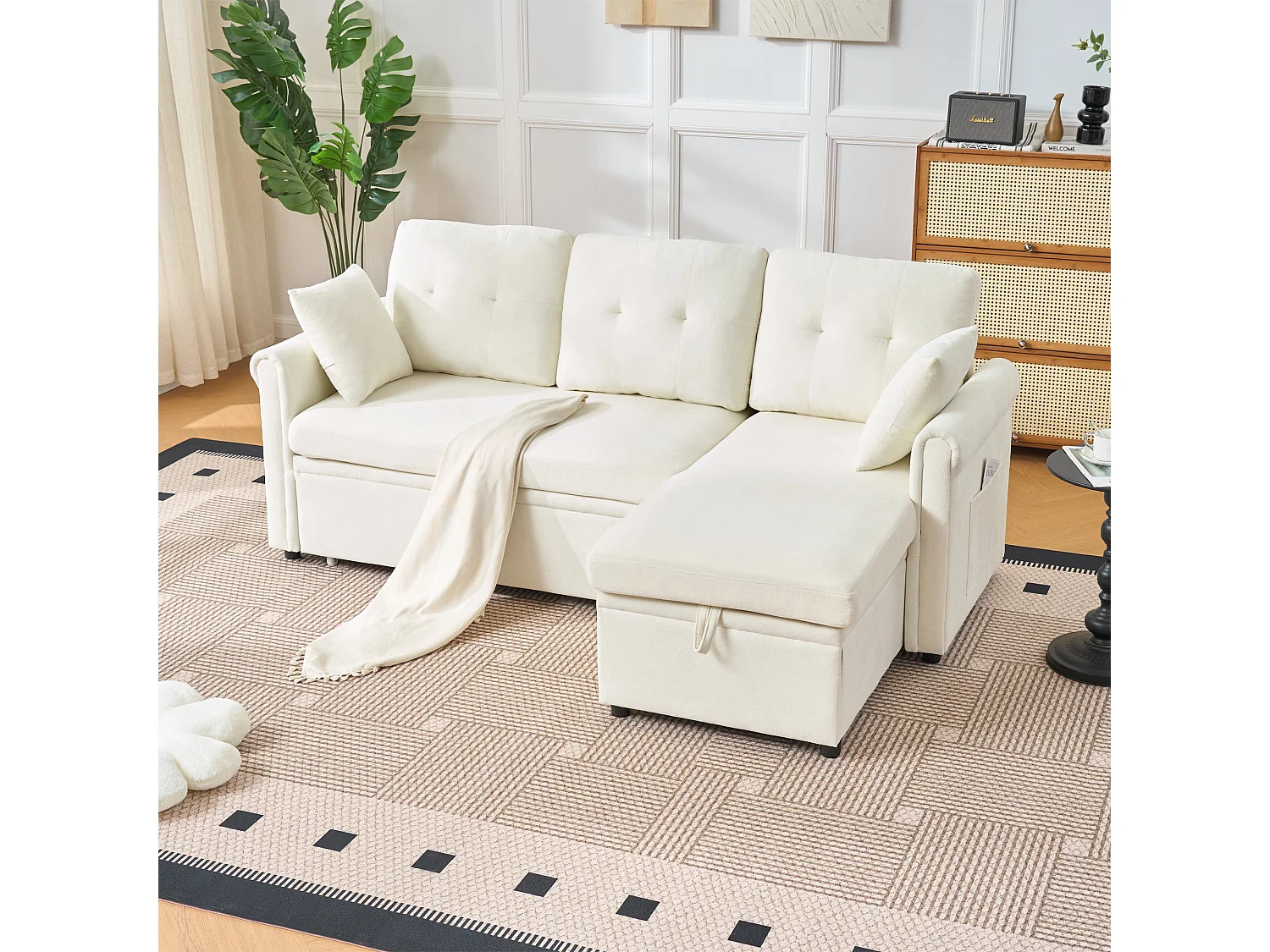 Canapé 3 places d'angle en forme de L - Canapé-lit avec rangmente et coussin - Tissu chenille beige