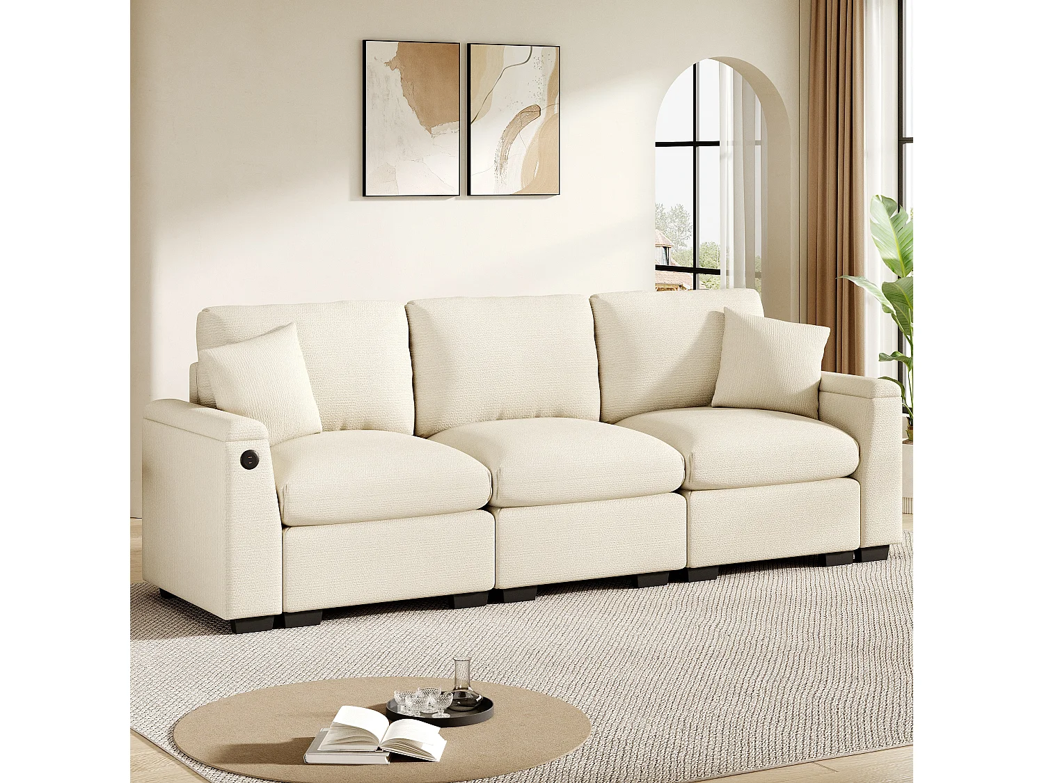 Canapé 3 places en chenille beige- Coussins, tablette rabattable, ports USB et rangement