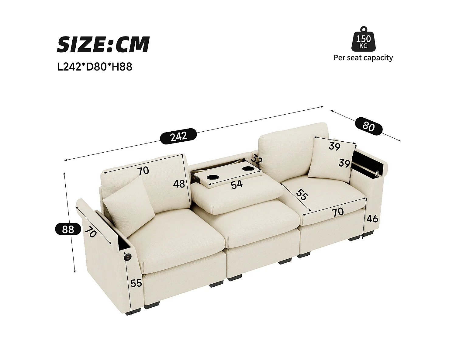 Canapé 3 places en chenille beige- Coussins, tablette rabattable, ports USB et rangement