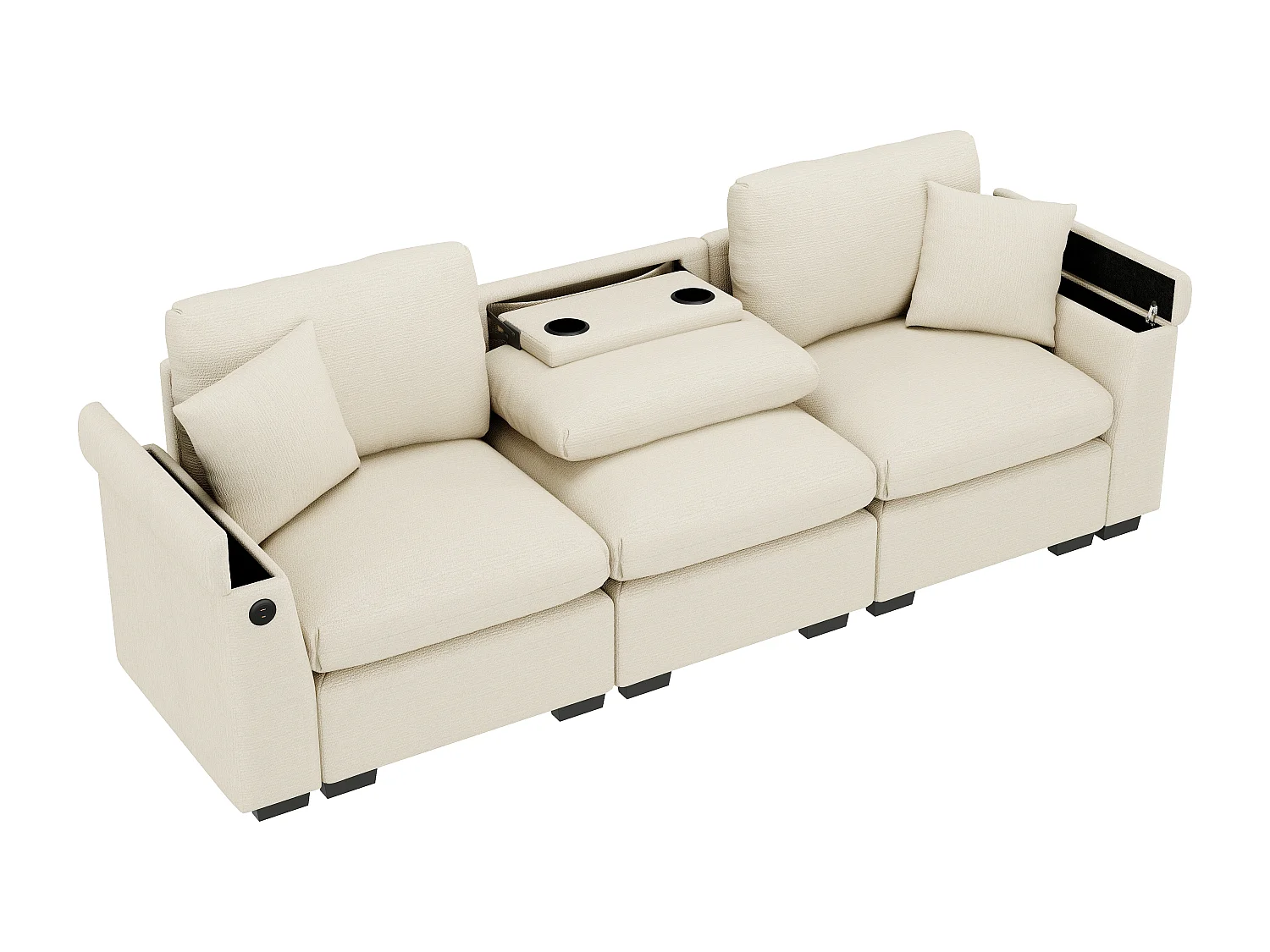 Canapé 3 places en chenille beige- Coussins, tablette rabattable, ports USB et rangement