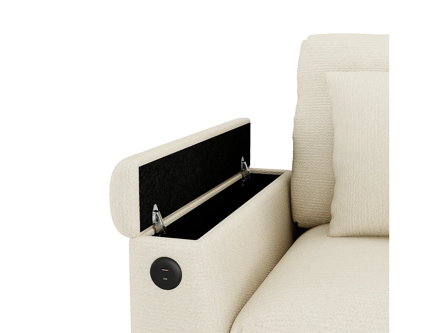 Canapé 3 places en chenille beige- Coussins, tablette rabattable, ports USB et rangement