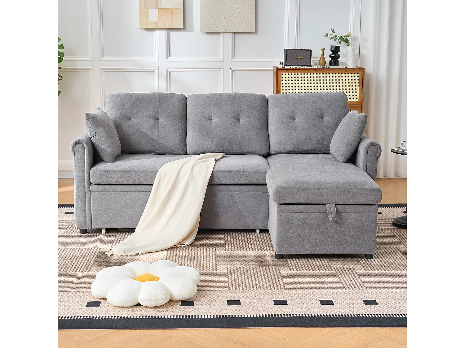 Canapé 3 places d'angle en forme de L - Canapé-lit avec rangmente et coussin - Tissu chenille gris