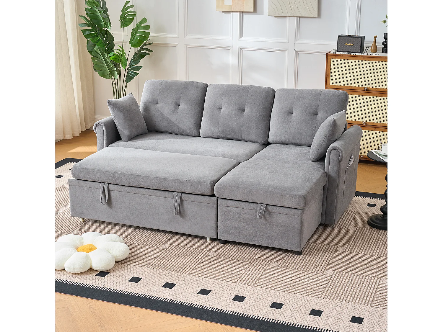 Canapé 3 places d'angle en forme de L - Canapé-lit avec rangmente et coussin - Tissu chenille gris