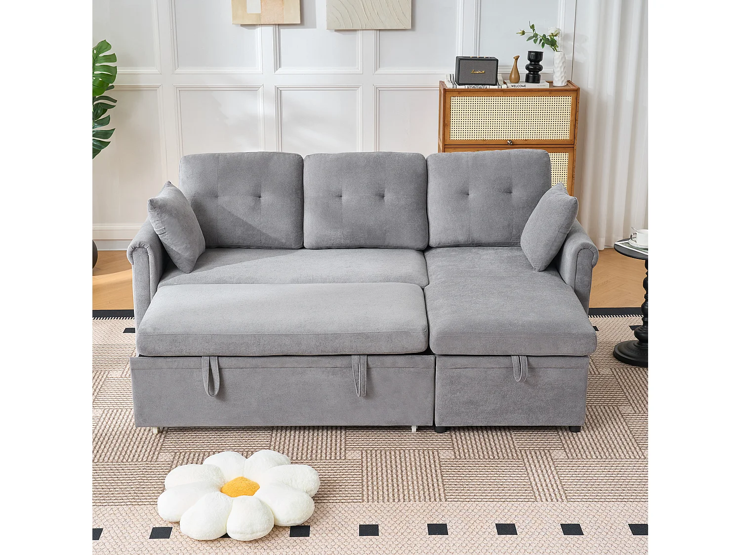 Canapé 3 places d'angle en forme de L - Canapé-lit avec rangmente et coussin - Tissu chenille gris