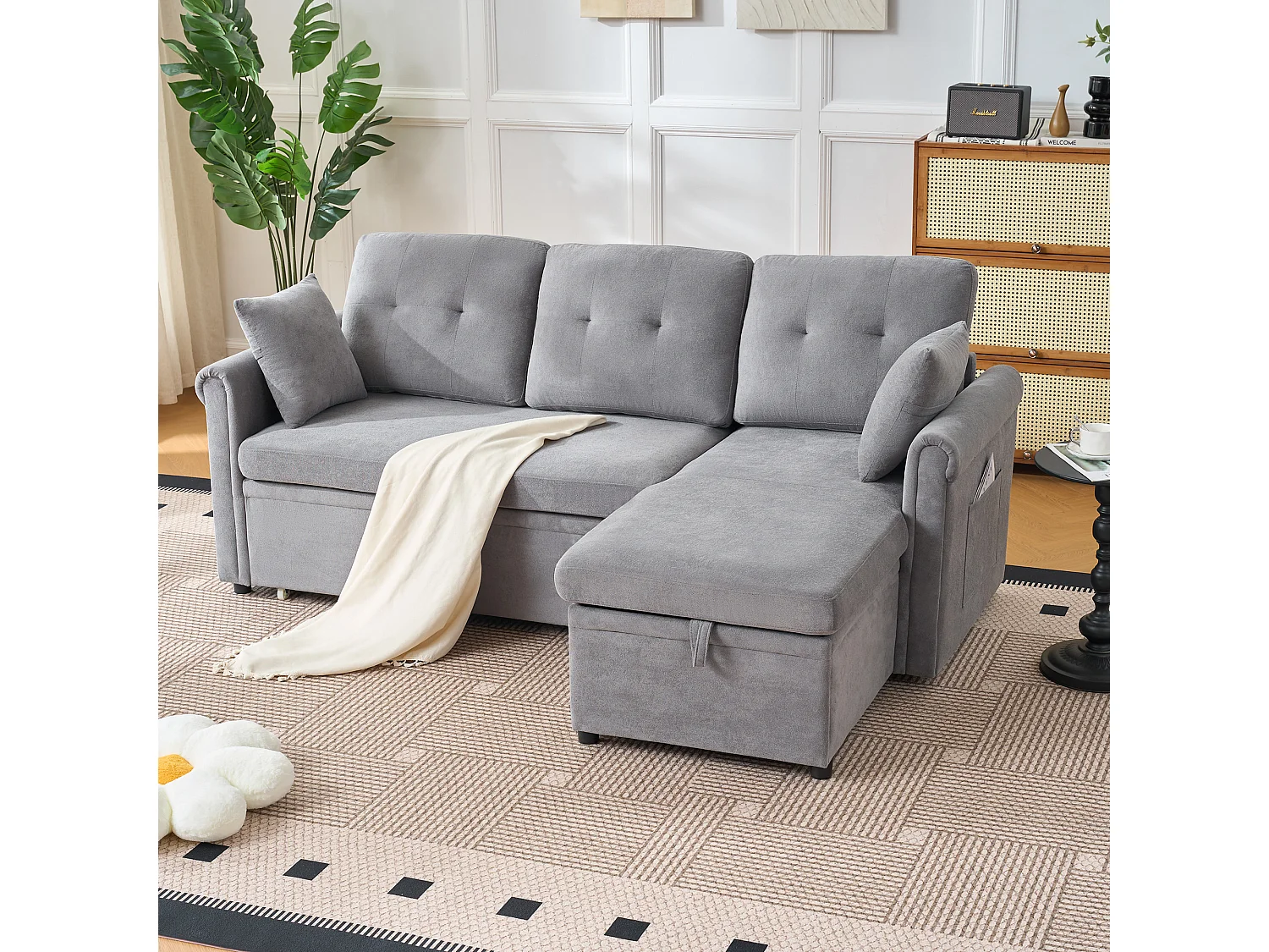 Canapé 3 places d'angle en forme de L - Canapé-lit avec rangmente et coussin - Tissu chenille gris