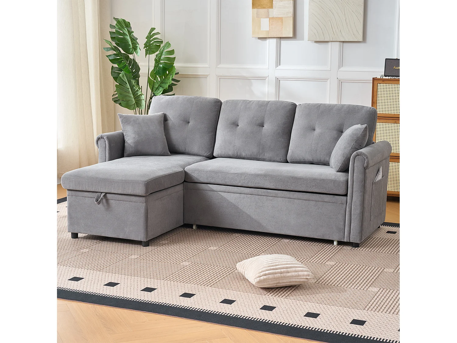 Canapé 3 places d'angle en forme de L - Canapé-lit avec rangmente et coussin - Tissu chenille gris