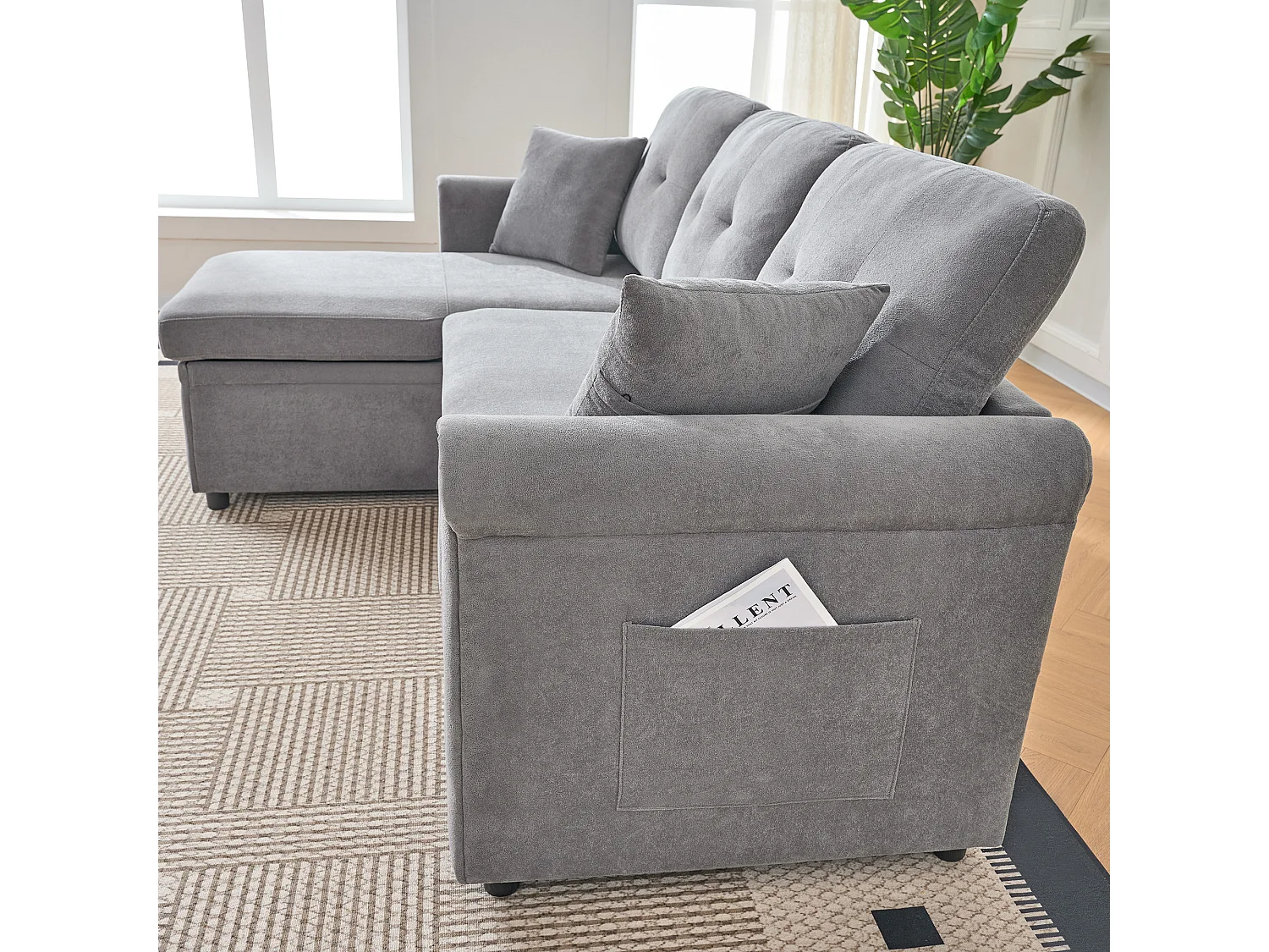 Canapé 3 places d'angle en forme de L - Canapé-lit avec rangmente et coussin - Tissu chenille gris