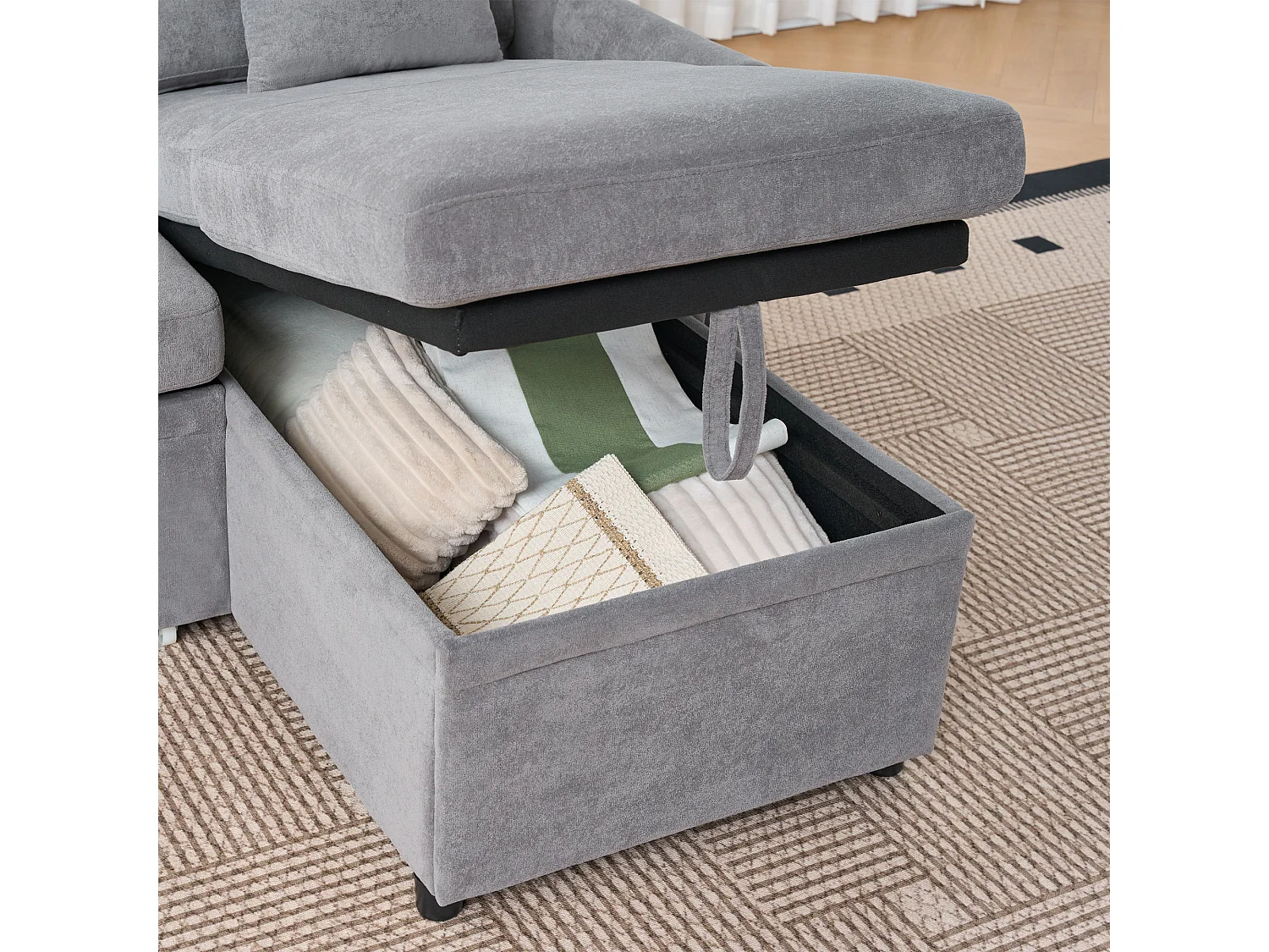 Canapé 3 places d'angle en forme de L - Canapé-lit avec rangmente et coussin - Tissu chenille gris