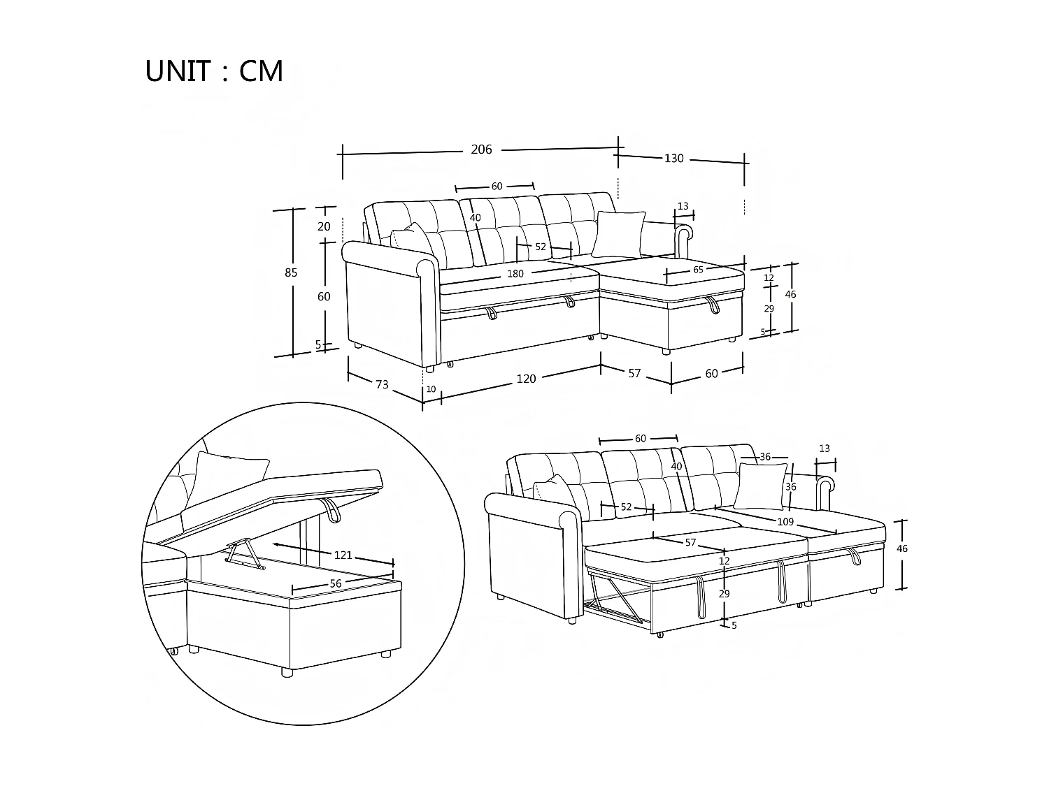 Sofá de canto em L de 3 lugares - Sofá-cama com arrumação e almofada - Tecido chenille cinzento