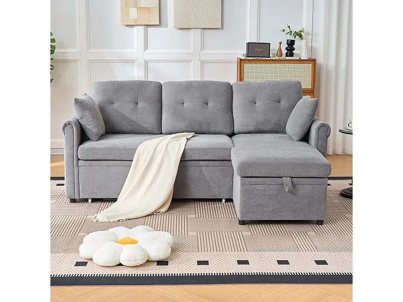 Canapé 3 places d'angle en forme de L - Canapé-lit avec rangmente et coussin - Tissu chenille gris