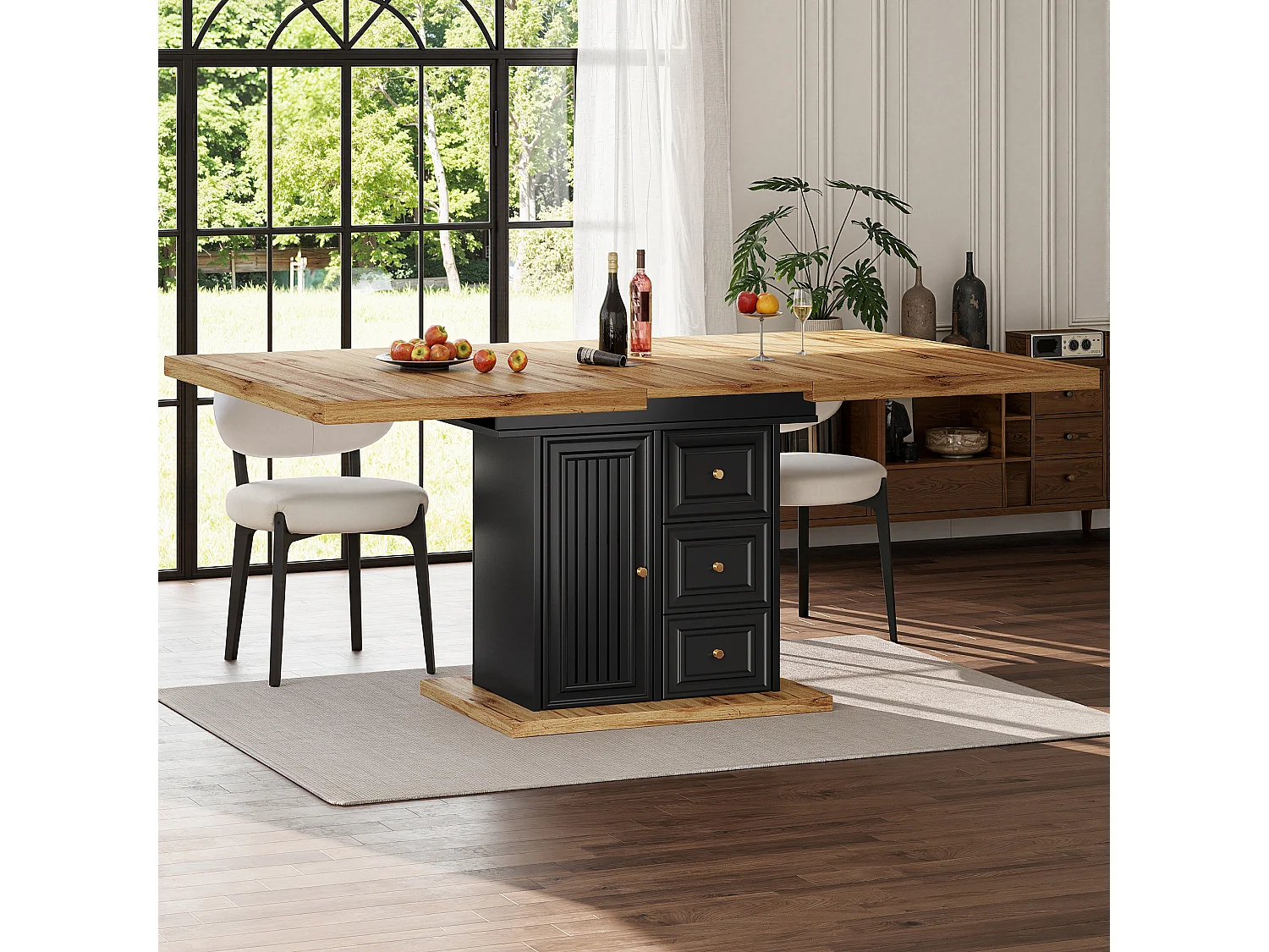 Table à manger extensible noir 4 à 6 personnes 110–140 x 80 cm - Porte et 2 tiroirs - Plateau woodgrain