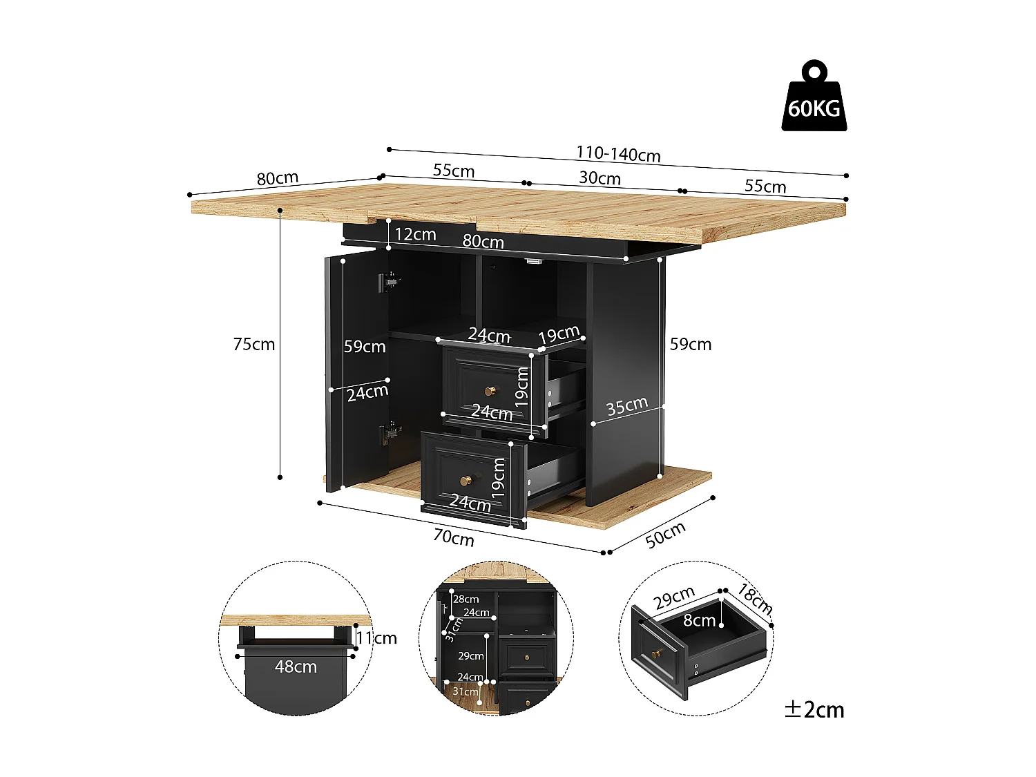 Table à manger extensible noir 4 à 6 personnes 110–140 x 80 cm - Porte et 2 tiroirs - Plateau woodgrain