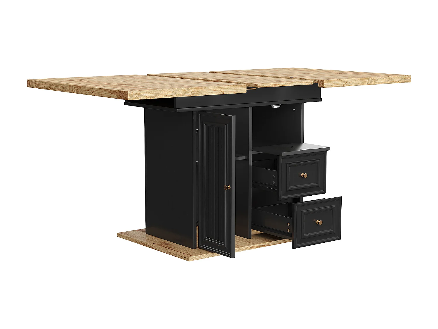 Table à manger extensible noir 4 à 6 personnes 110–140 x 80 cm - Porte et 2 tiroirs - Plateau woodgrain