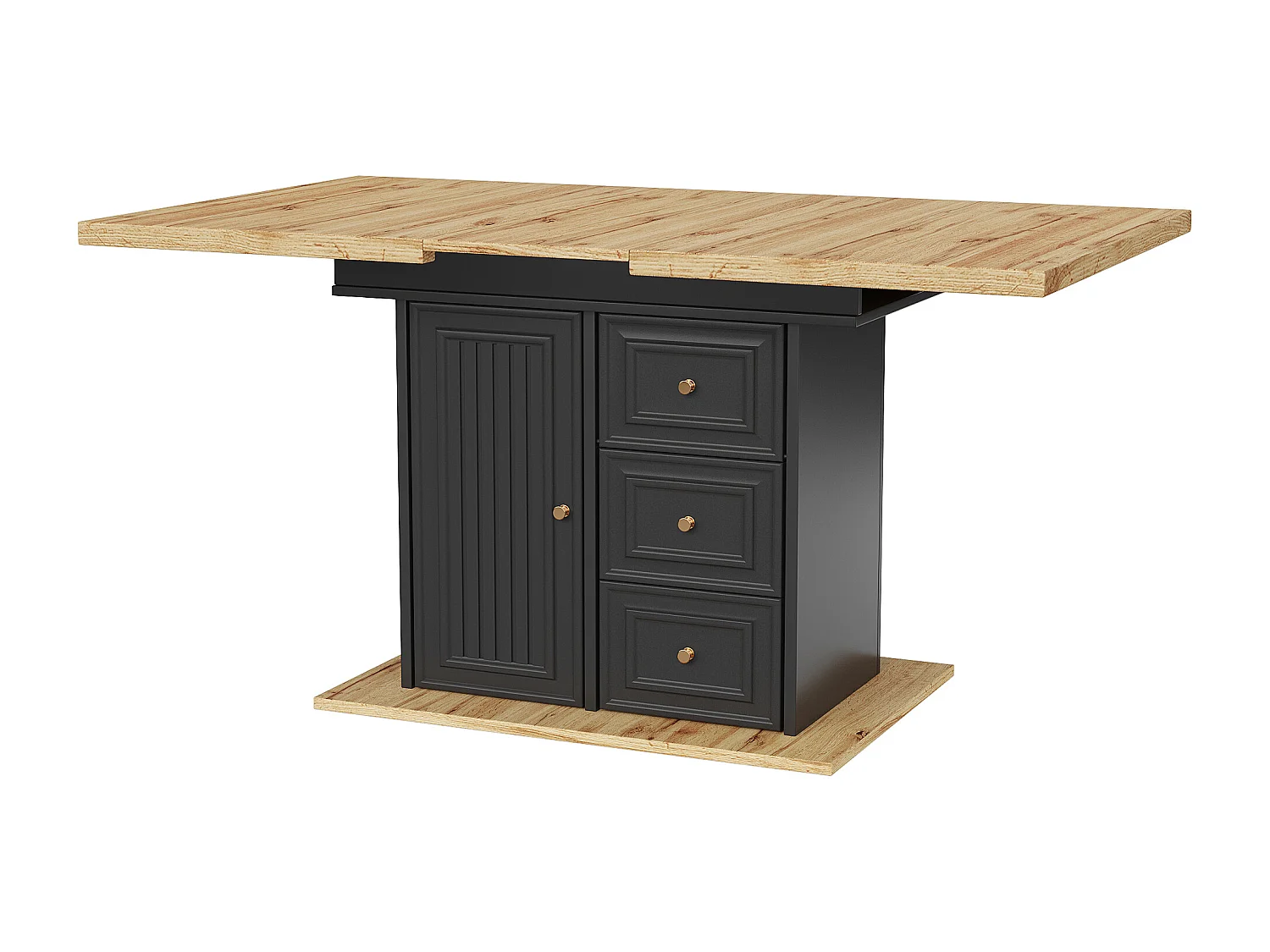 Table à manger extensible noir 4 à 6 personnes 110–140 x 80 cm - Porte et 2 tiroirs - Plateau woodgrain