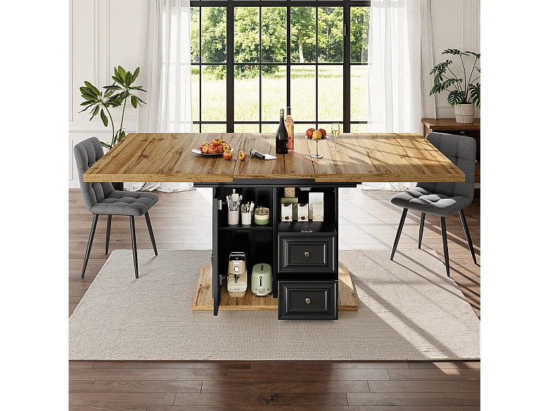 Table à manger extensible noir 4 à 6 personnes 110–140 x 80 cm - Porte et 2 tiroirs - Plateau woodgrain