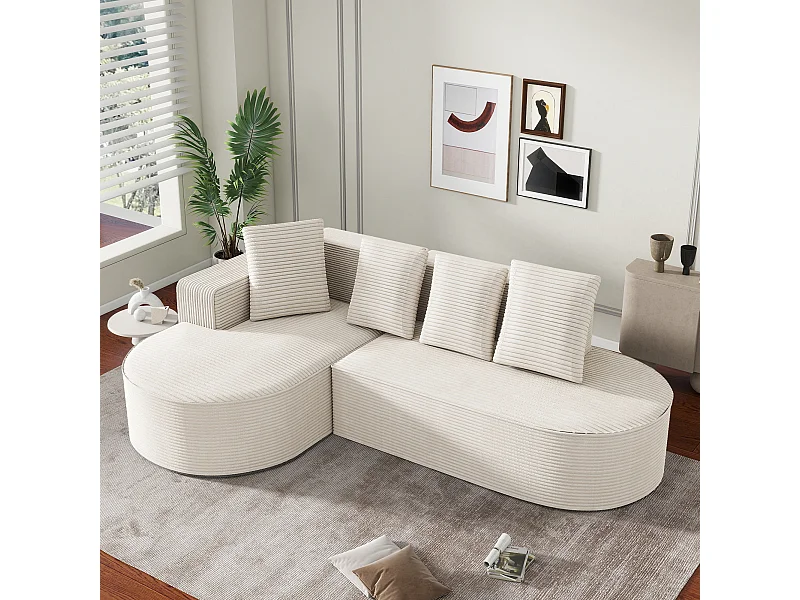 Divano angolare a 3 posti con 4 cuscini - Chaise longue a L - Velluto a coste bianco - Non necessita di montaggio