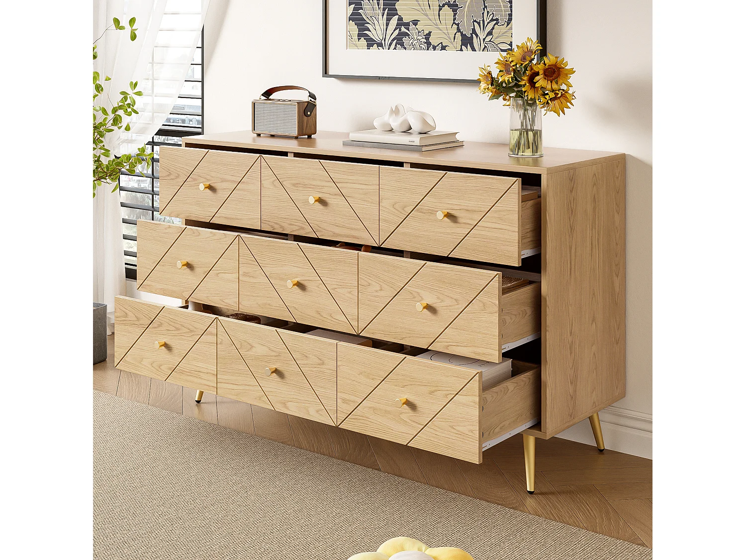 Commode avec 9 tiroirs -Pieds en métal - Motifs géométriques - Naturel clair