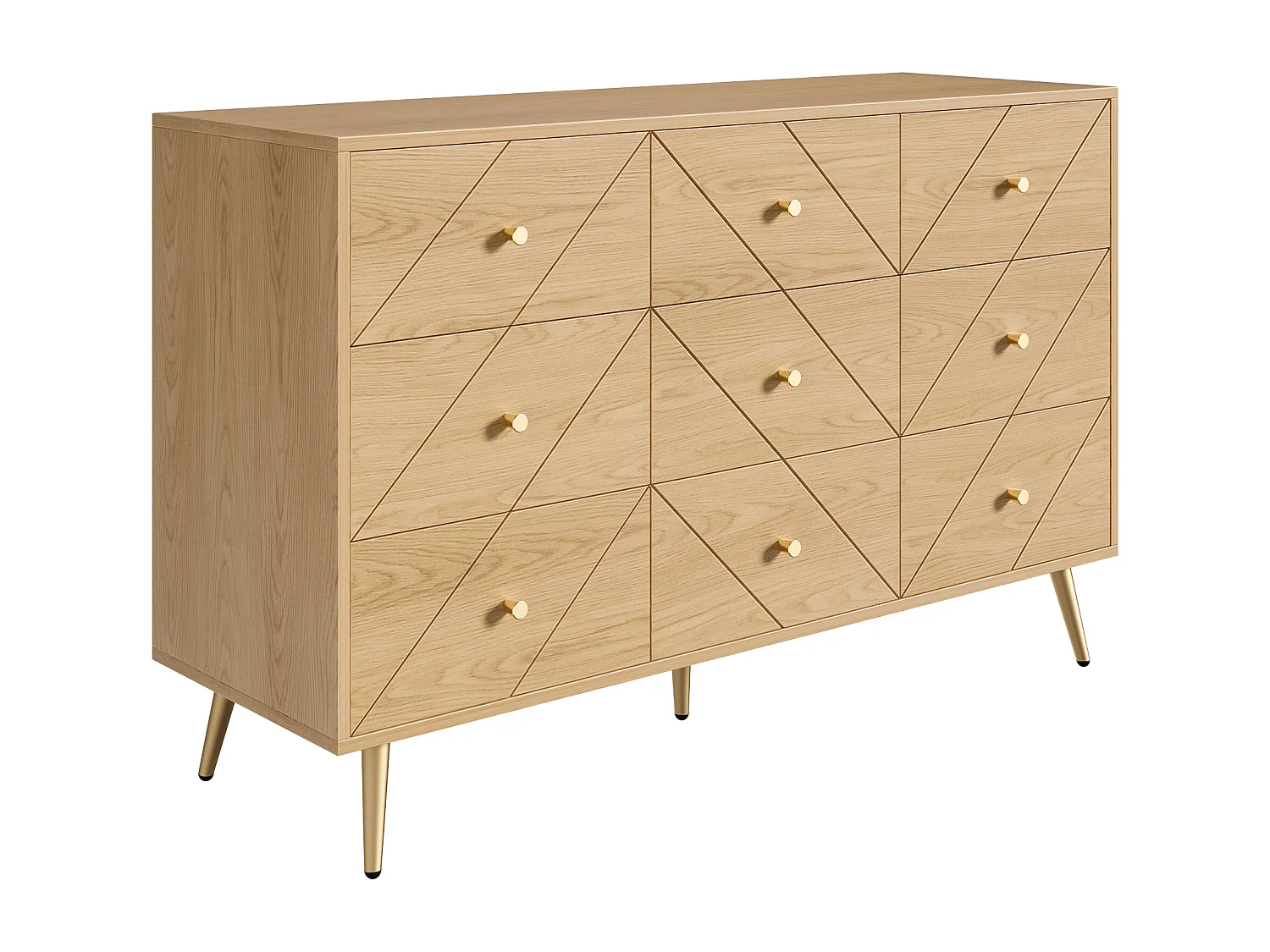 Commode avec 9 tiroirs -Pieds en métal - Motifs géométriques - Naturel clair