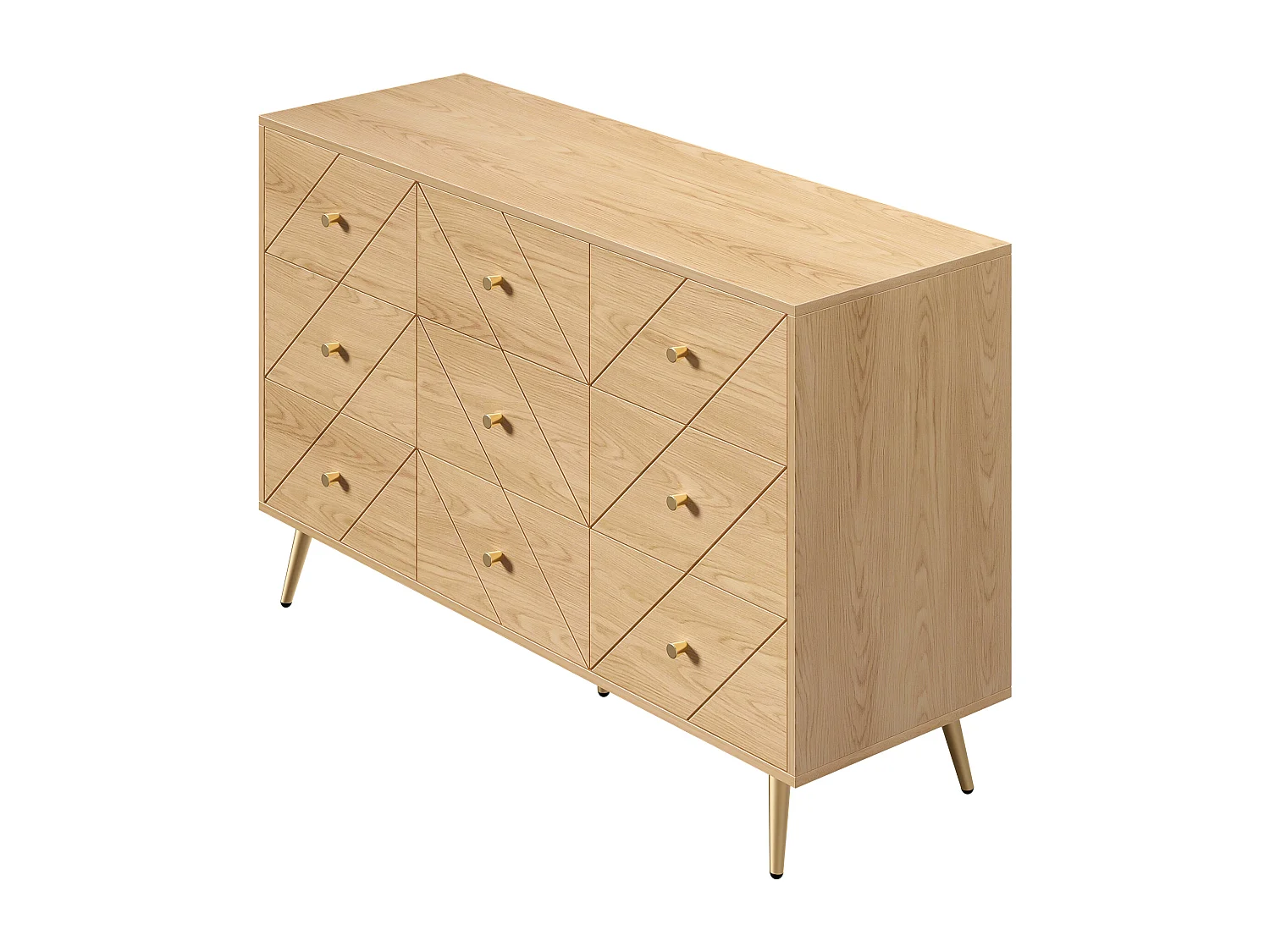 Commode avec 9 tiroirs -Pieds en métal - Motifs géométriques - Naturel clair