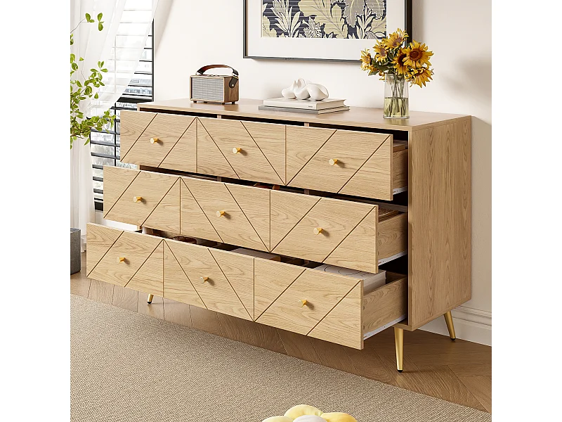 Commode avec 9 tiroirs -Pieds en métal - Motifs géométriques - Naturel clair