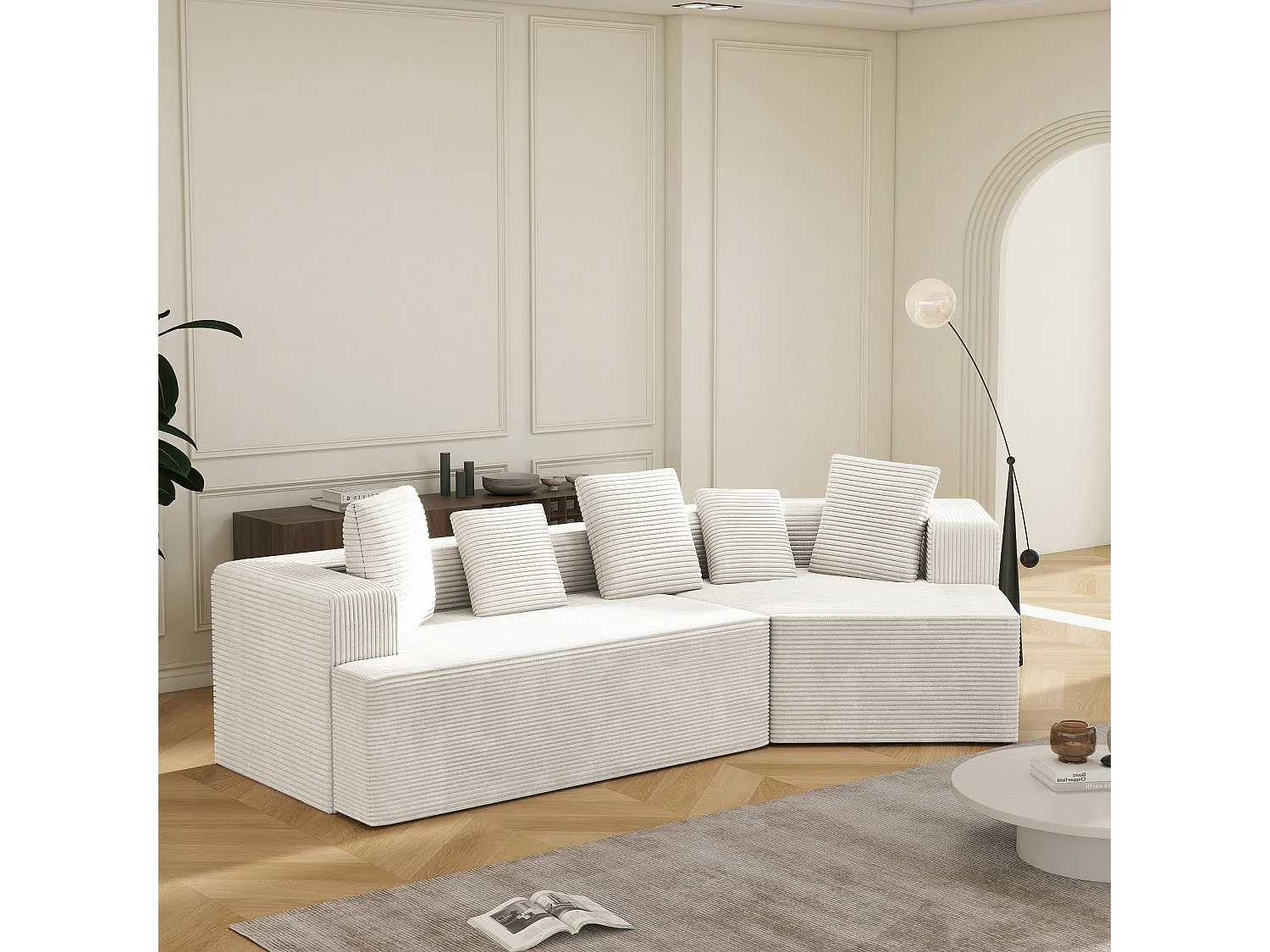 Canapé 3 places modulaire en velours côtelé - Sans montage - Blanc