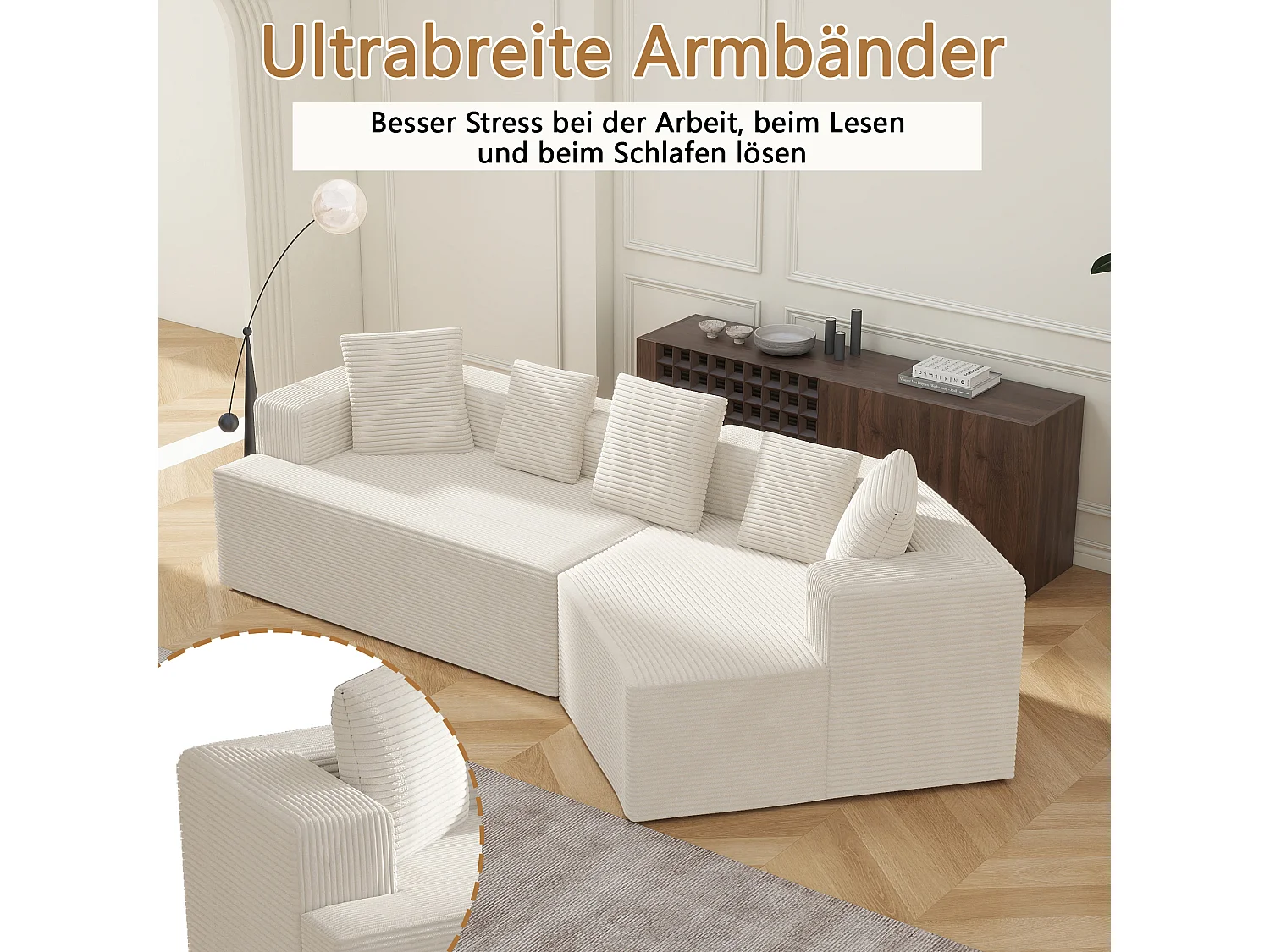 Canapé 3 places modulaire en velours côtelé - Sans montage - Blanc