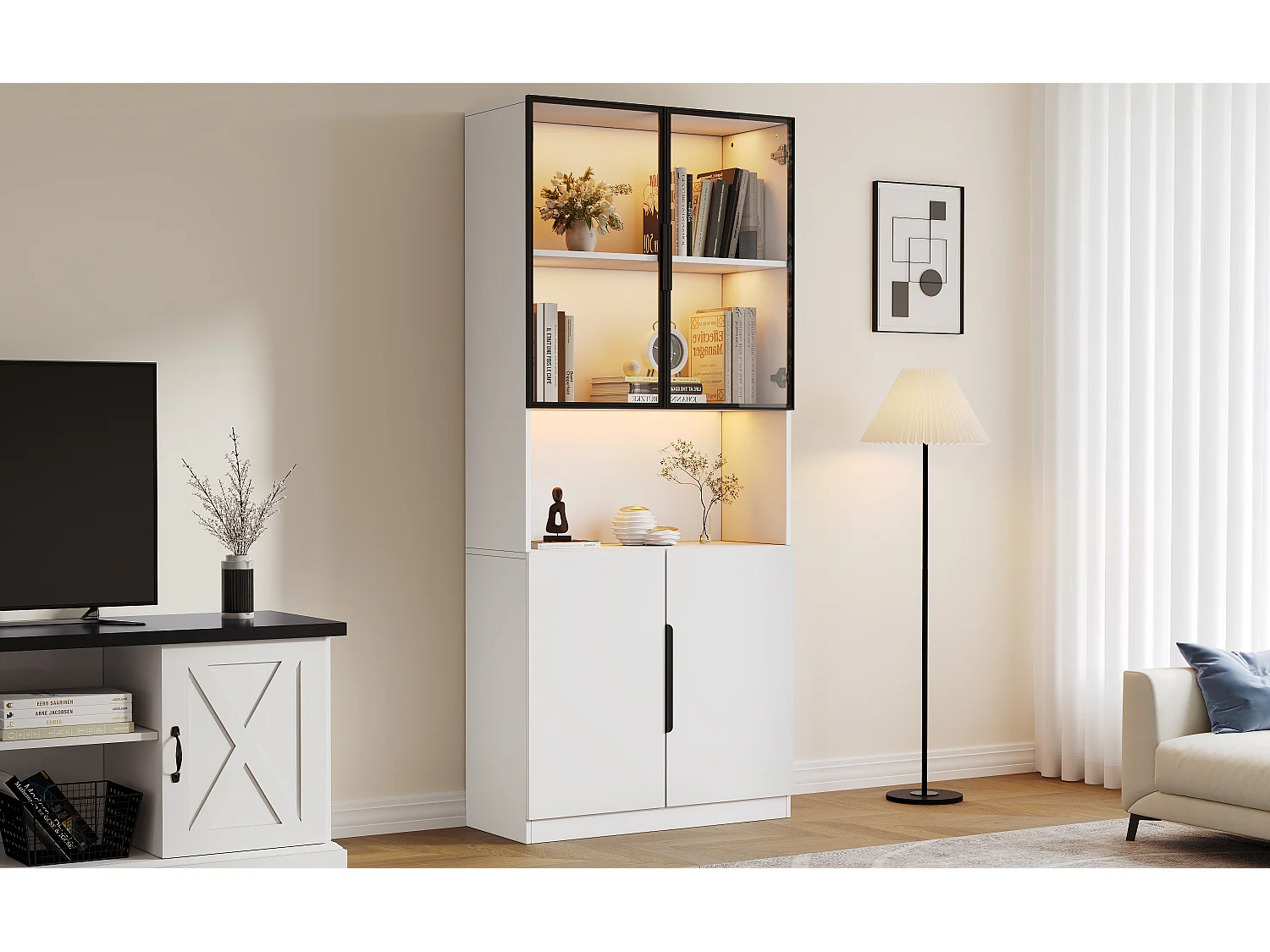 Vitrine avec 2 portes vitrées et LED - Blanche 80 x 30 x 200 cm - Bois en PB