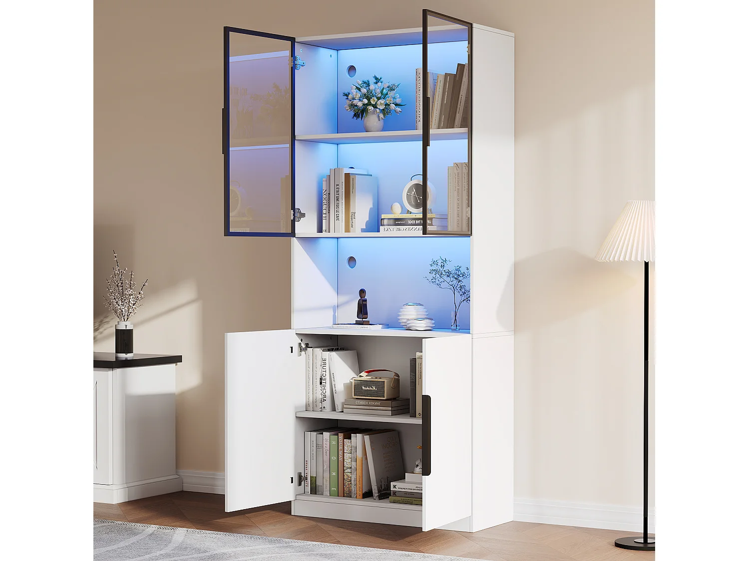 Vitrine avec 2 portes vitrées et LED - Blanche 80 x 30 x 200 cm - Bois en PB