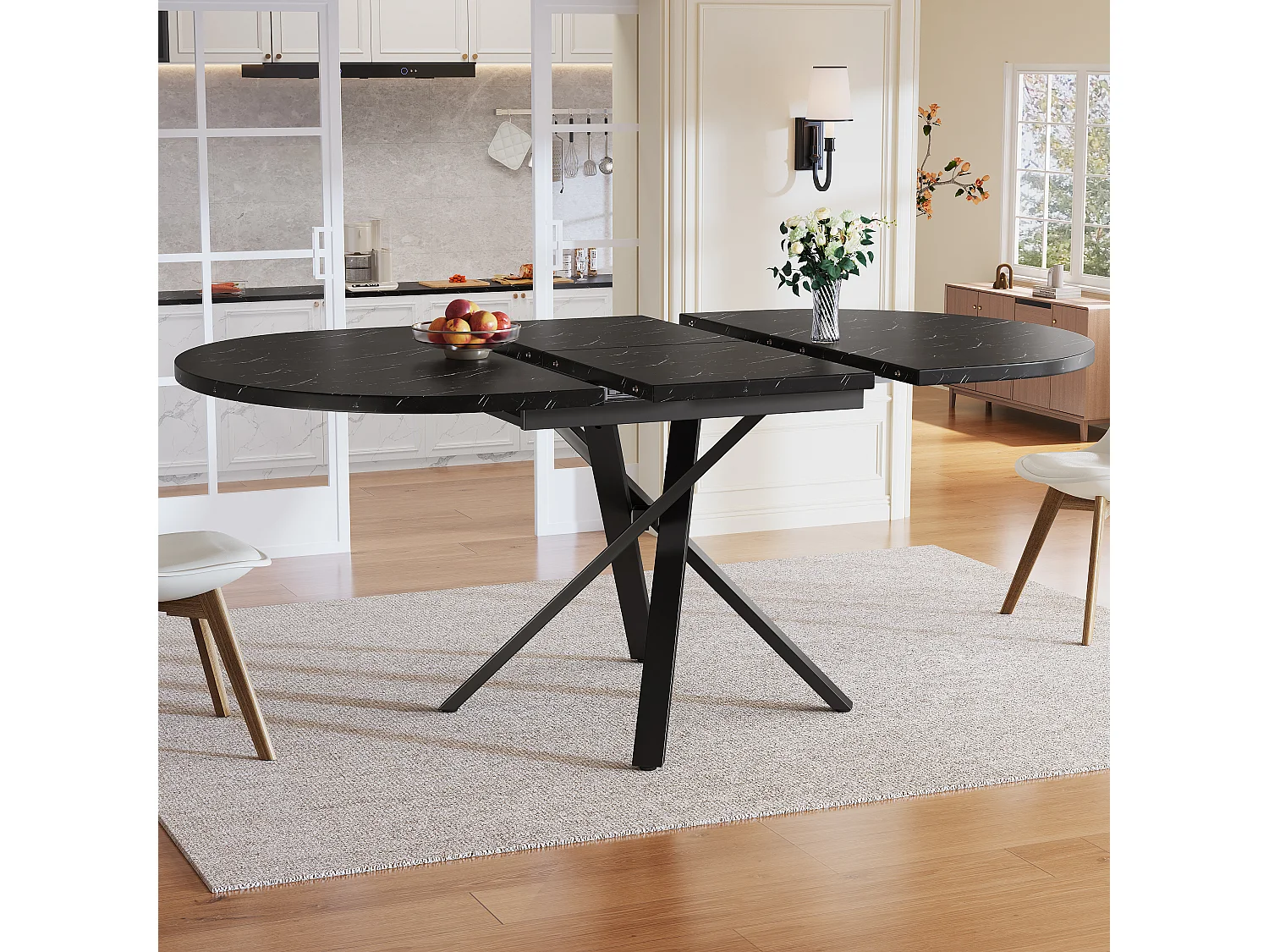 Table à manger ronde extensible noir 100-140 x 100cm -Pieds métal en forme de X - Plateau effet marbre
