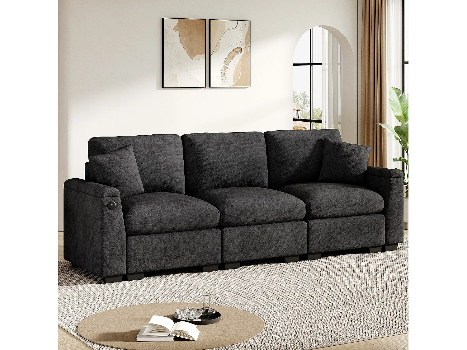 Canapé 3 places en chenille gris- Coussins, tablette rabattable, ports USB et rangement